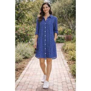 Frank & Eileen Murphy Linen Pineapple Button Front Shirt Dress Blue USA Size XL